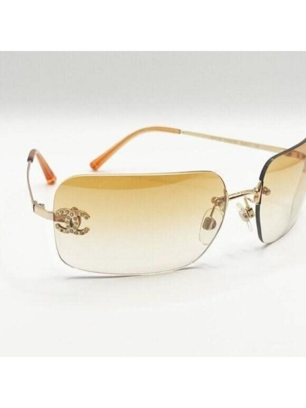 Chanel Vintage Sunglasses Rhinestone CC Logo Rimless Gradient Gold Orange - Picture 8 of 10